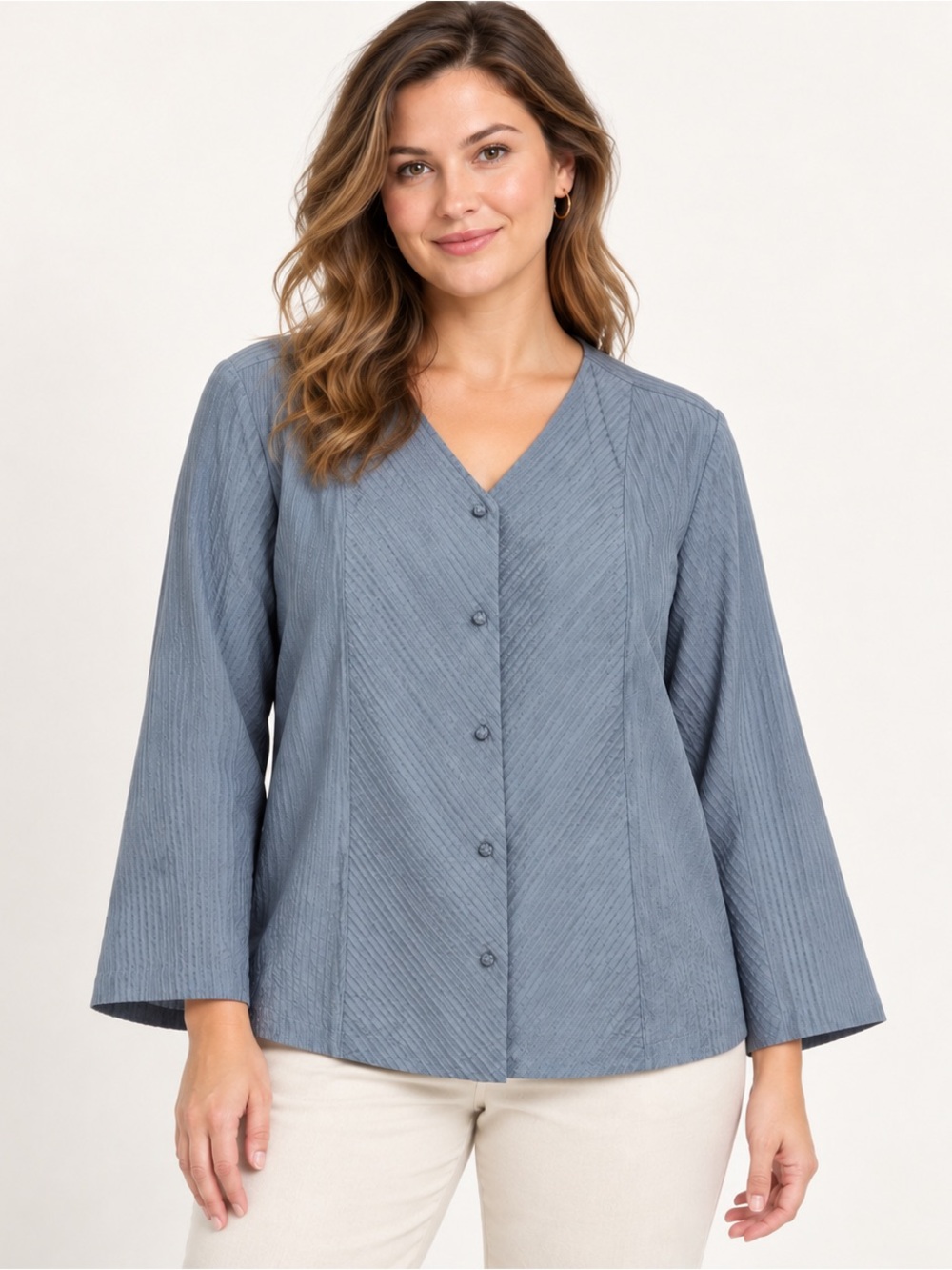 ileen Fisher Women’s Med Blue Gray Textured Asian Button-Front Blouse MED